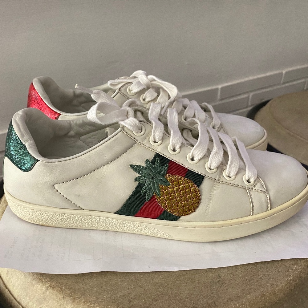 GUCCI WHITE LEATHER RUBBER SHOES FASHION SNEAKERS 39-8 pineappl Logo monog beetl - Picture 5 of 10